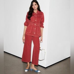 Veronica Beard Taylor Wide Leg Crop High Rise Denim Pant in Brick Red